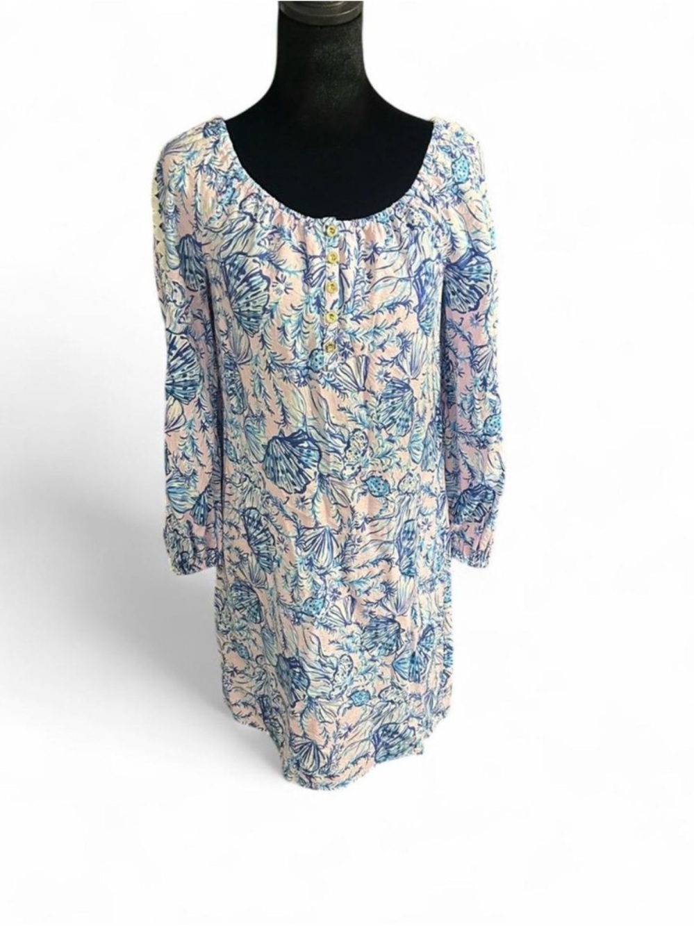 Lilly Pulitzer Pink Blue Seashell Print Dress XS 3/4 Sleeve Tunic Shift Pom Trim - Picture 2 of 6